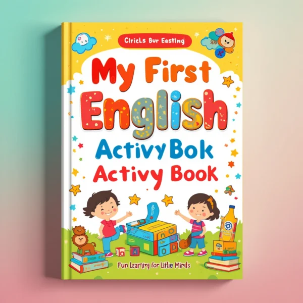 "Design a fun, colorful, and inviting cover for a preschool English activity book titled 'My First English Activity Book: Fun Learning for Little Minds.